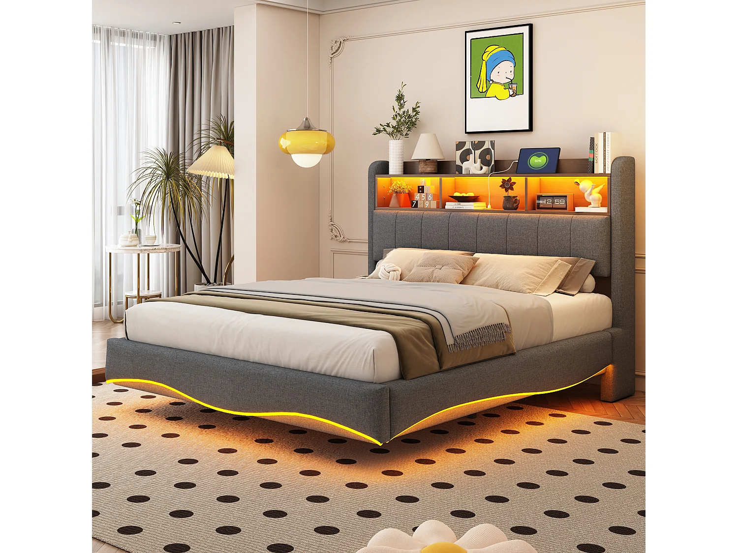 Hangbed 140x200 cm met LED en USB & Type-C aansluitingen, in linnen, modern design met opbergruimte (211,5x140x110,5 cm)