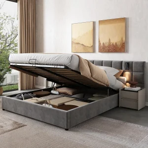 Gestoffeerd bed 160×200 cm, bed met hydraulische opbergruimte, richtbare lamp en USB-oplader, metalen frame, grijs fluweel (160×200 cm)