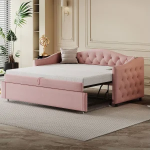 Gestoffeerd slaapbank 90×200 cm met USB-aansluiting, klassiek gecapitonneerd design, roze linnen stof, lattenbodem (zonder matras) Gestoffeerd slaapbank 90×200 cm met USB-aansluiting, klassiek gecapitonneerd design, roze linnen stof, lattenbodem (zonder matras)