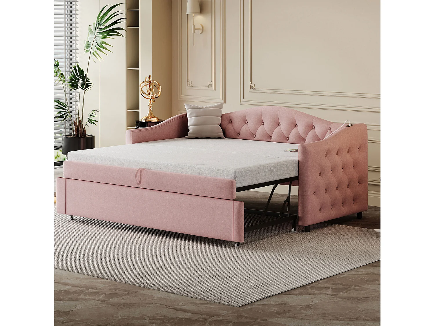 Gestoffeerd slaapbank 90x200 cm met USB-aansluiting, klassiek gecapitonneerd design, roze linnen stof, lattenbodem (zonder matras)