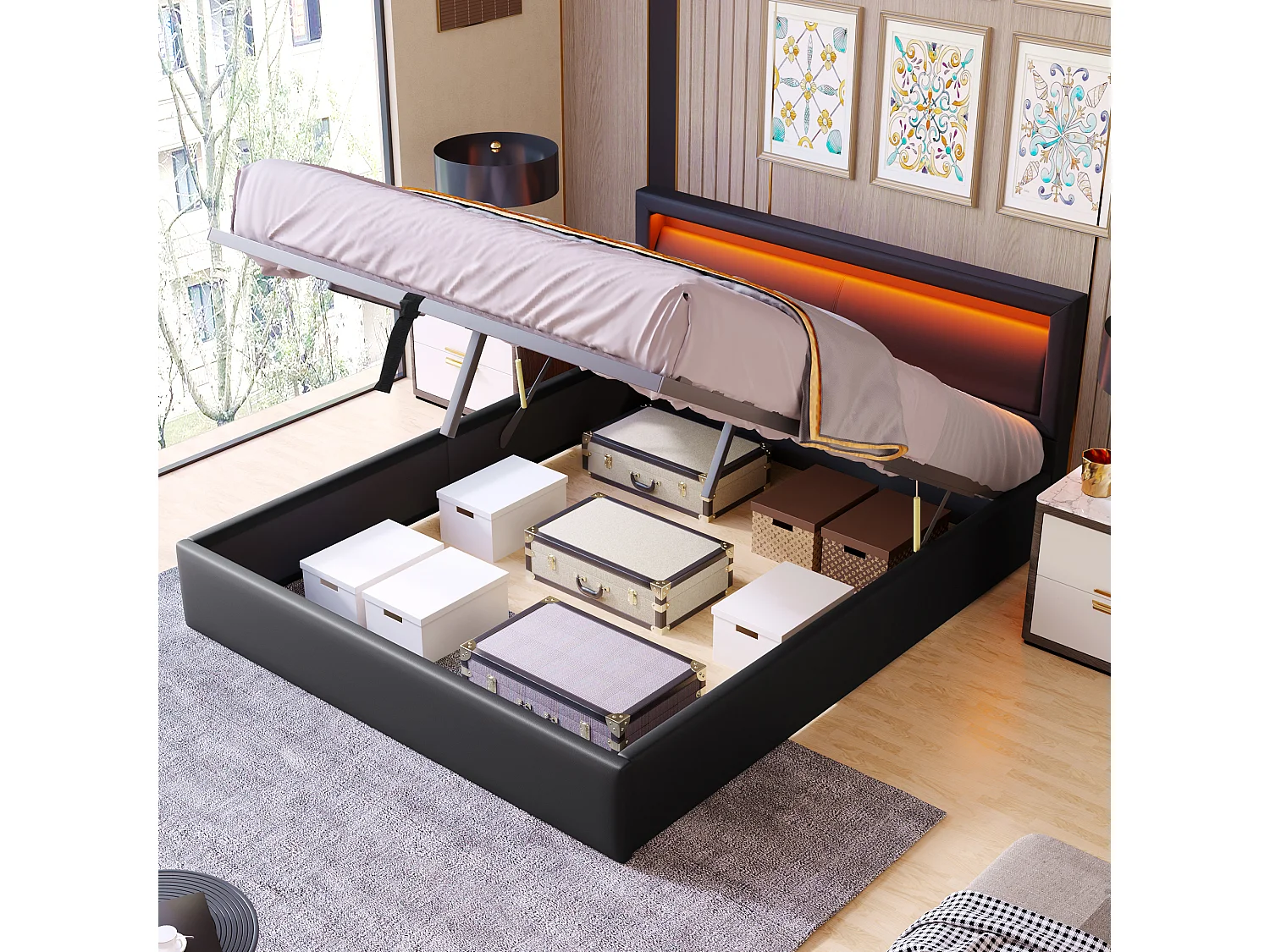 Gestoffeerd bed met LED, 140190cm, lattenbodem en opbergruimte, verlicht hoofdeinde, zwart, kunstleer (Afmetingen: 189,87 x 31,12 x 19,05 cm)