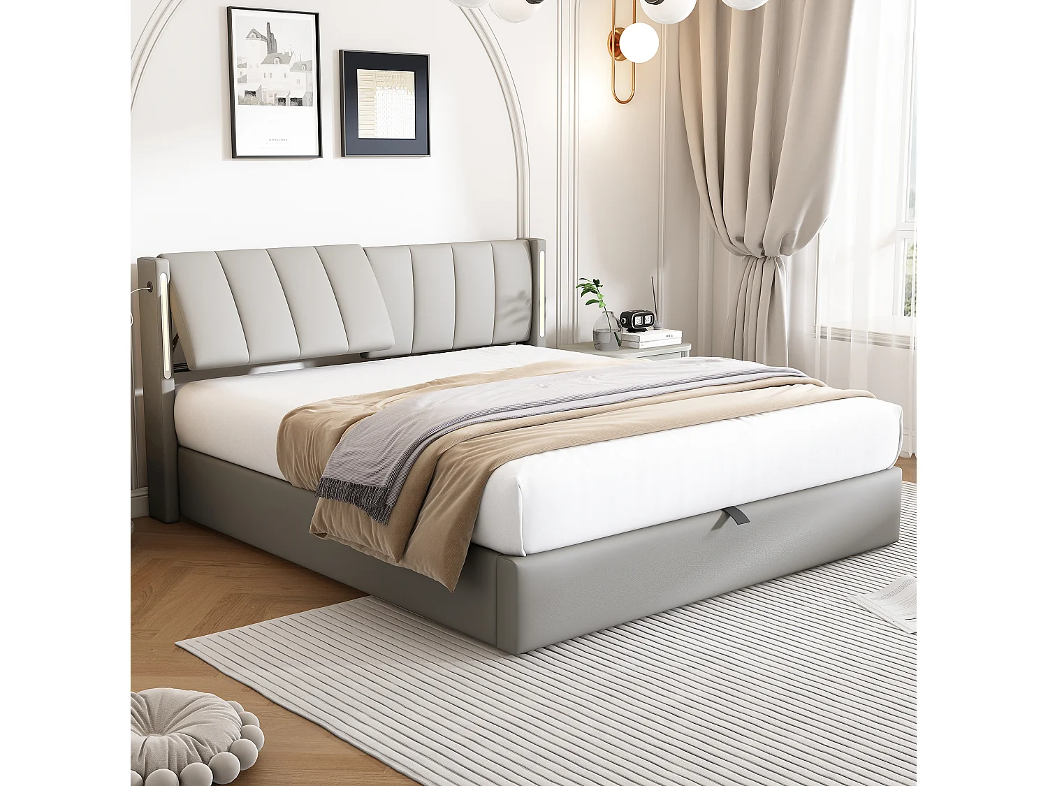 Gestoffeerd LED-bed met hydraulische basis, LED-verlichting, USB, opbergruimte, verstelbaar hoofdeinde, grijs fluweel (140x190 cm)