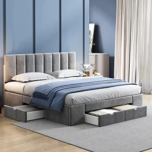 Gestoffeerd bed 160×200 cm, met hoofdbord, lattenbodem, 4 opberglades, in grijs fluweel (160×200 cm)