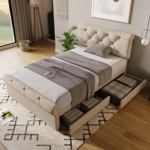 Gestoffeerd eenpersoonsbed 90x200cm, met 2 lades, verstelbaar hoofdeinde, Chesterfield-stijl, metaal en hout, naturel (225x98x110cm) Gestoffeerd eenpersoonsbed 90x200cm, met 2 lades, verstelbaar hoofdeinde, Chesterfield-stijl, metaal en hout, naturel (225x98x110cm)