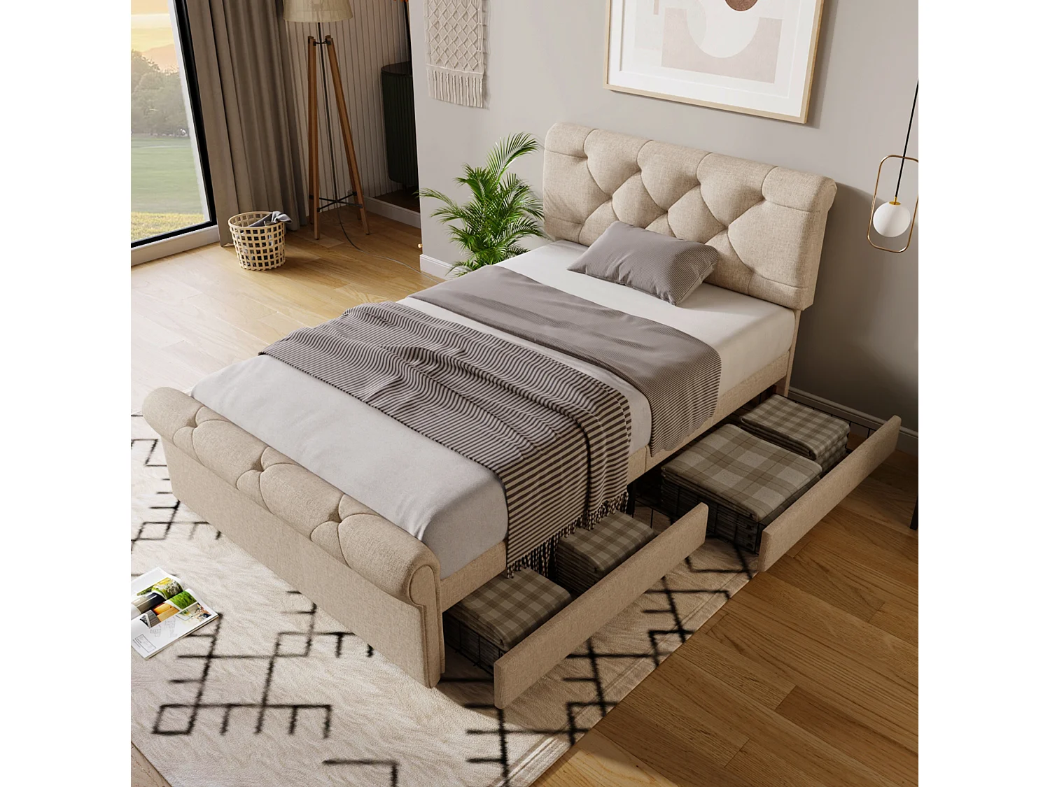 Gestoffeerd eenpersoonsbed 90x200cm, met 2 lades, verstelbaar hoofdeinde, Chesterfield-stijl, metaal en hout, naturel (225x98x110cm)