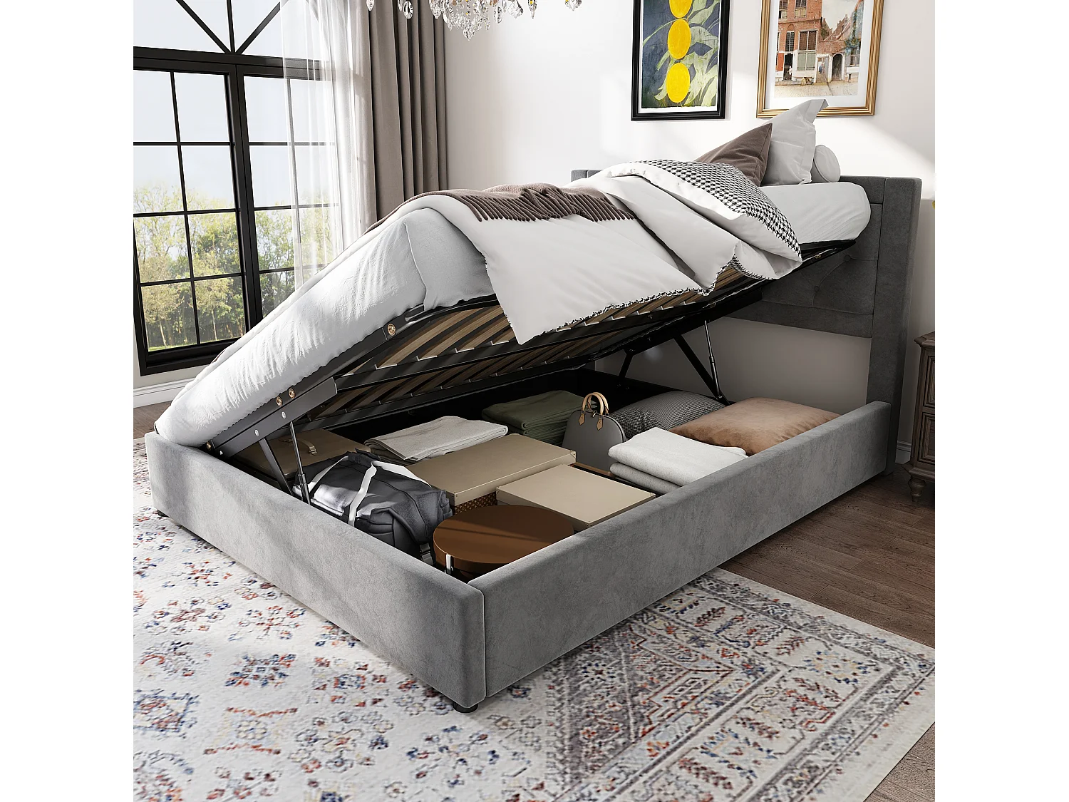 Gestoffeerd bed met opbergruimte, lattenbodem en hoofdbord, Chesterfield, PU, zwart (140x200 cm)