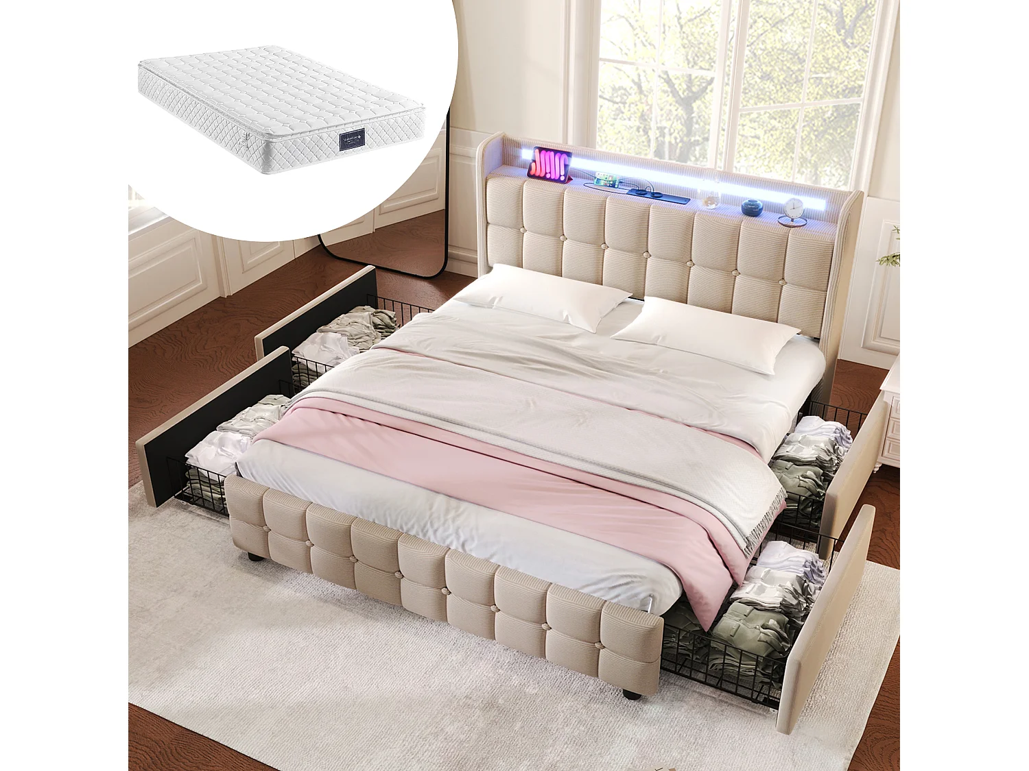 Gestoffeerd bed met USB-oplader, LED, 4 lades, hout, beige (144,5x220x103,5cm)