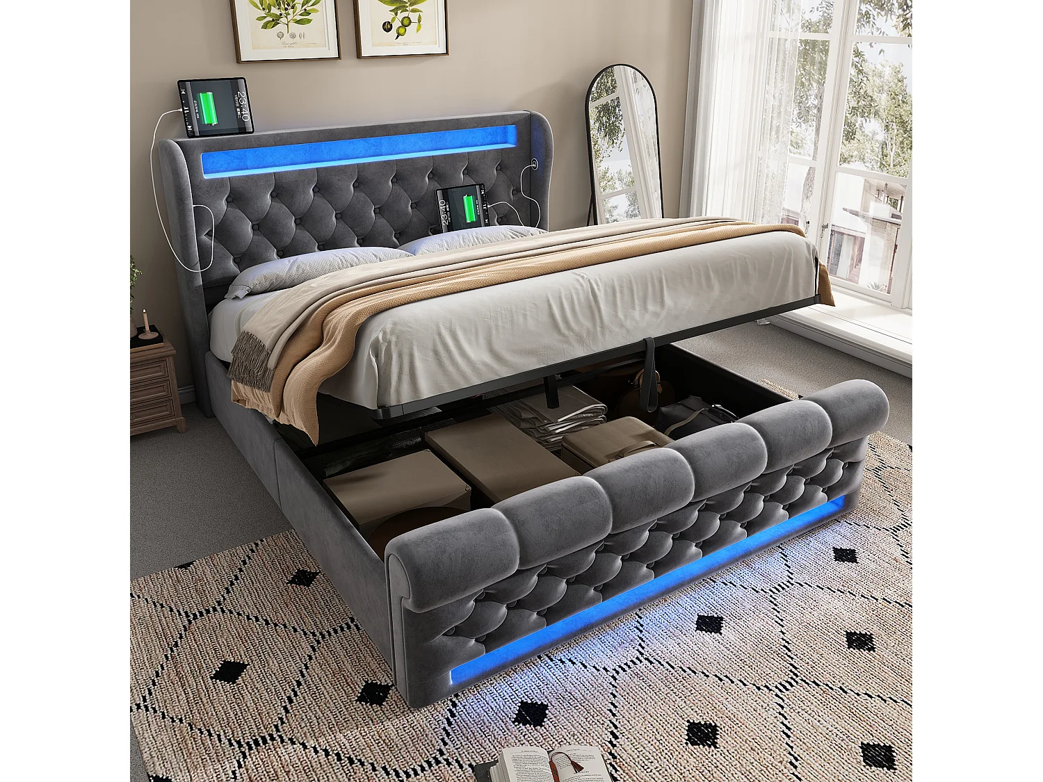 Gestoffeerd bed 140x200 cm met ledverlichting, hoofdbord met USB- en Type-C-aansluitingen, hydraulisch opbergbed, grijs fluweel (220x146x110 cm)