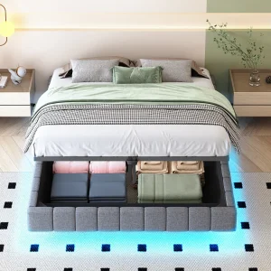 Gestoffeerd bed 160×200 cm zonder hoofdbord – hydraulisch zwevend frame, LED, geïntegreerde opbergruimte – grijze linnen stof (zonder matras)