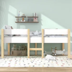 Halfhoogslaper kind 90×190 cm van dennenhout – met valbeveiliging, wit en eiken (zonder matras) Halfhoogslaper kind 90×190 cm van dennenhout – met valbeveiliging, wit en eiken (zonder matras)