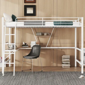 Halfhoogslaper van metaal 90×200 cm met bureau en plank, voor kinderen, tieners en volwassenen, wit (zonder matras)