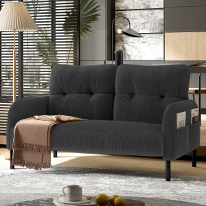 Grijze rechte bank – Fauteuil met rugleuning en zijzakken – corduroy – voor kantoren en woonkamers