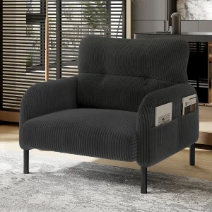 Grijze rechte bank – Fauteuil met armleuningen en zijzakken – corduroy – voor woonkamer en slaapkamer