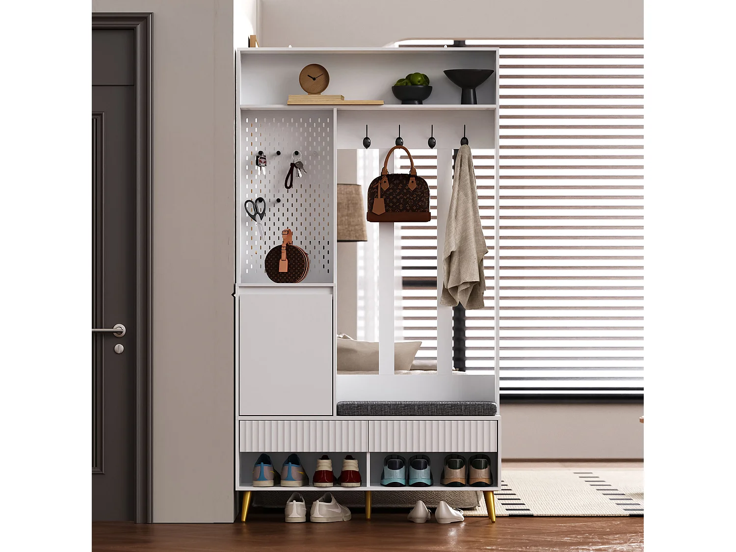 Halmeubel met bank, kapstok, planken en lades, 4 haken, 1 deur, wit, (100x35x180 cm)