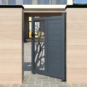 Halfopengewerkte aluminium draaipoort met motief B100 x H164 cm antraciet LABRIT II Halfopengewerkte aluminium draaipoort met motief B100 x H164 cm antraciet LABRIT II
