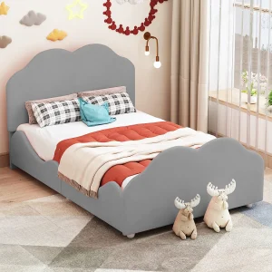 Grijs fluwelen kinderbedframe 90x200cm wolkvorm (zonder matras)