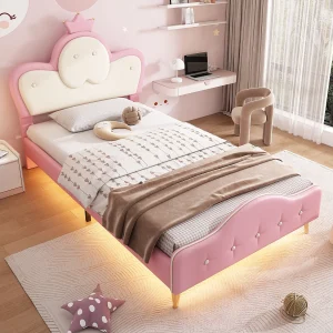 Gestoffeerd eenpersoonsbed 90×200, kinderbed 90x200cm met LED en lattenbodem, PU, roze Gestoffeerd eenpersoonsbed 90×200, kinderbed 90x200cm met LED en lattenbodem, PU, roze