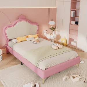 Gestoffeerd bed 90×200, platformbedframe met houten lattenbodem, PU, wit en roze