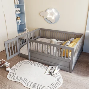 Grijs kinderbed 140x200cm met bedframe en kleine deur (zonder matras of bedframe)