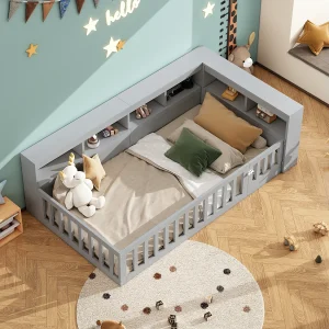 Grijs kinderbed 90 x 200 cm met opbergruimte, stopcontacten en USB-aansluitingen (zonder matras)