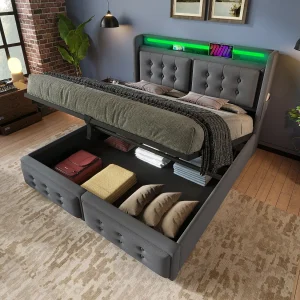 Grijs opbergbed voor volwassenen met matras van 160×200 cm, 1 USB-poort en 1 Type-C-poort met hydraulische opbergruimte