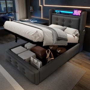 Grijs kinderbed met opbergruimte, matras van 90×200 cm, 1 USB-aansluiting en 1 Type-C-aansluiting met hydraulische opbergruimte