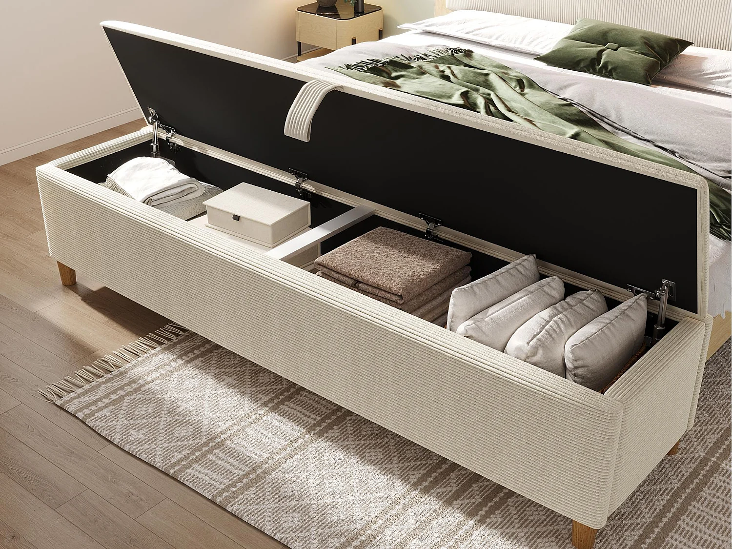 Gestoffeerde opbergbank 145x38x46cm - Corduroy - Beige