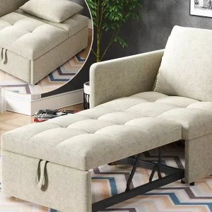 Gestoffeerde slaapbank 177x68x65 cm – Multifunctionele 3-in-1 slaapbank – Linnen – Verstelbare rugleuning – Beige