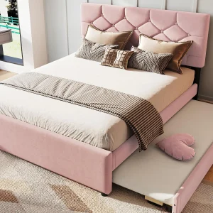Gevoerd bed 140×200 cm – met uitklapbed 90×190 cm – met lattenbodem – fluweel – roze (matras niet inbegrepen) Gevoerd bed 140×200 cm – met uitklapbed 90×190 cm – met lattenbodem – fluweel – roze (matras niet inbegrepen)