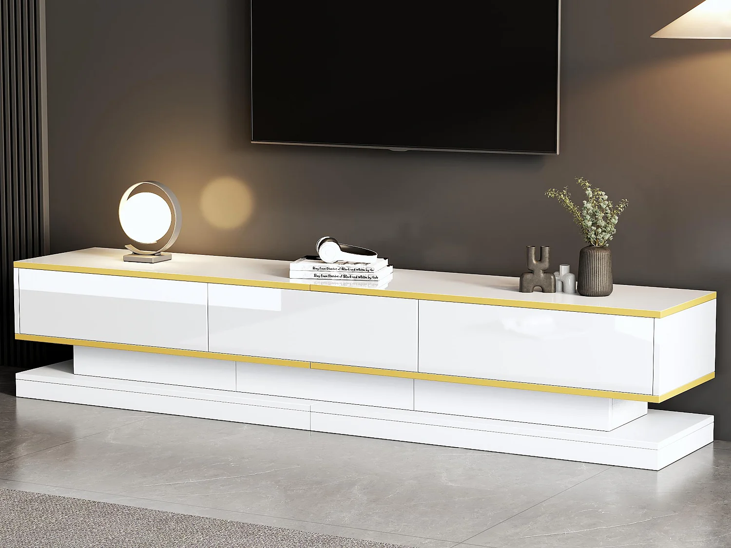 Glanzende TV-meubel 200×40×40 cm - 3 laden - Spaanplaat - Wit