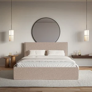 Gestoffeerd bed – 180×200 cm – donkerbeige – waterafstotende chenille – SOFTIE SLIM