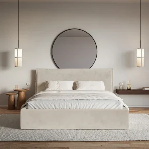 Gestoffeerd bed – 140×200 cm – beige – waterafstotende velours – SOFTIE