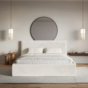 Gestoffeerd bed – 140×200 cm – greige – waterafstotende velours – SOFTIE