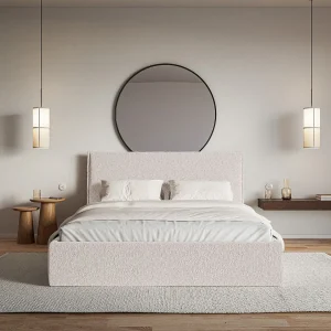 Gestoffeerd bed met opbergruimte – 200×200 cm – beige – waterafstotende chenille – SOFTIE SLIM Gestoffeerd bed met opbergruimte – 200×200 cm – beige – waterafstotende chenille – SOFTIE SLIM