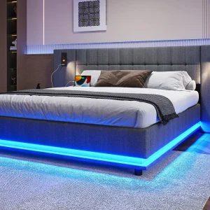 Gestoffeerd tweepersoonsbed 180×200 cm – met LED-lichtstrip – hoofdeinde met spots – met USB-poort – linnen – grijs (zonder matras) Gestoffeerd tweepersoonsbed 180×200 cm – met LED-lichtstrip – hoofdeinde met spots – met USB-poort – linnen – grijs (zonder matras)
