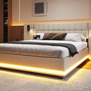 Gestoffeerd tweepersoonsbed 180×200 cm – met LED-lichtstrip – hoofdeinde met spots – met USB-poort – linnen – beige (zonder matras) Gestoffeerd tweepersoonsbed 180×200 cm – met LED-lichtstrip – hoofdeinde met spots – met USB-poort – linnen – beige (zonder matras)