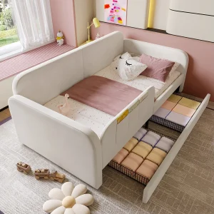 Gestoffeerde kinderslaapbank – 90 x 200 cm – met 2 lades – fluweel + MDF – wit