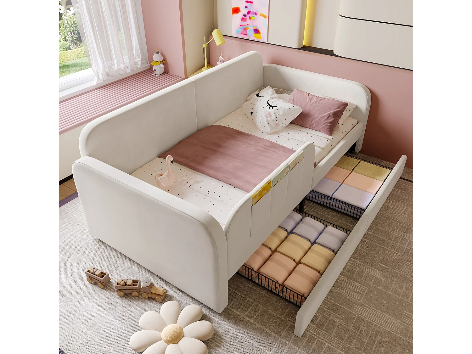 Gestoffeerde kinderslaapbank - 90 x 200 cm - met 2 lades - fluweel + MDF - wit