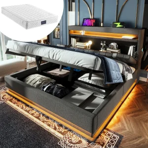 Grijs linnen opbergbed 140×200 cm met USB- en Type-C-poorten, LED-verlichting en matras