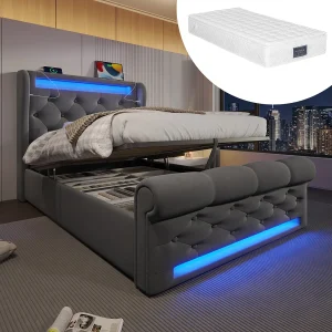 Grijs fluwelen opbergbed 90 x 200 cm met ledverlichting, USB- en Type-C-poorten, hydraulische opberging