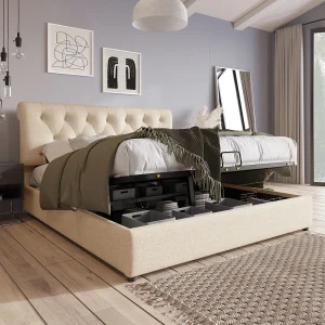 Gestoffeerd tweepersoonsbed met opbergruimte – 140 x 200 cm – verstelbaar hoofdeinde – hydraulische opbergruimte – linnen – natuurlijk