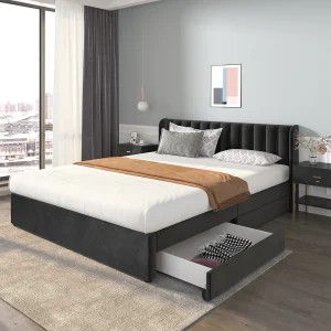 Gestoffeerd opbergbed – 180 x 200 cm – met lattenbodem + rugleuning + 2 lades – fluweel – zwart Gestoffeerd opbergbed – 180 x 200 cm – met lattenbodem + rugleuning + 2 lades – fluweel – zwart
