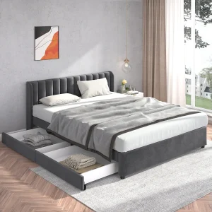 Gestoffeerd opbergbed – 180 x 200 cm – met lattenbodem + rugleuning + 2 lades – fluweel – grijs Gestoffeerd opbergbed – 180 x 200 cm – met lattenbodem + rugleuning + 2 lades – fluweel – grijs