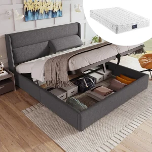 Gestoffeerd tweepersoonsbed met opbergruimte – 140 x 200 cm – met verstelbare hoofdsteunen – met matras – linnen – grijs