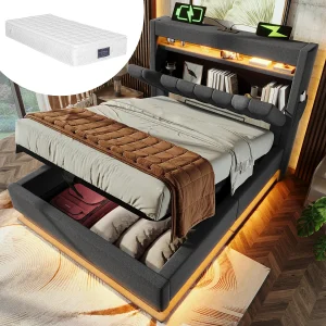 Grijs linnen opbergbed 90×200 cm met USB- en Type-C-poorten, LED-verlichting en matras