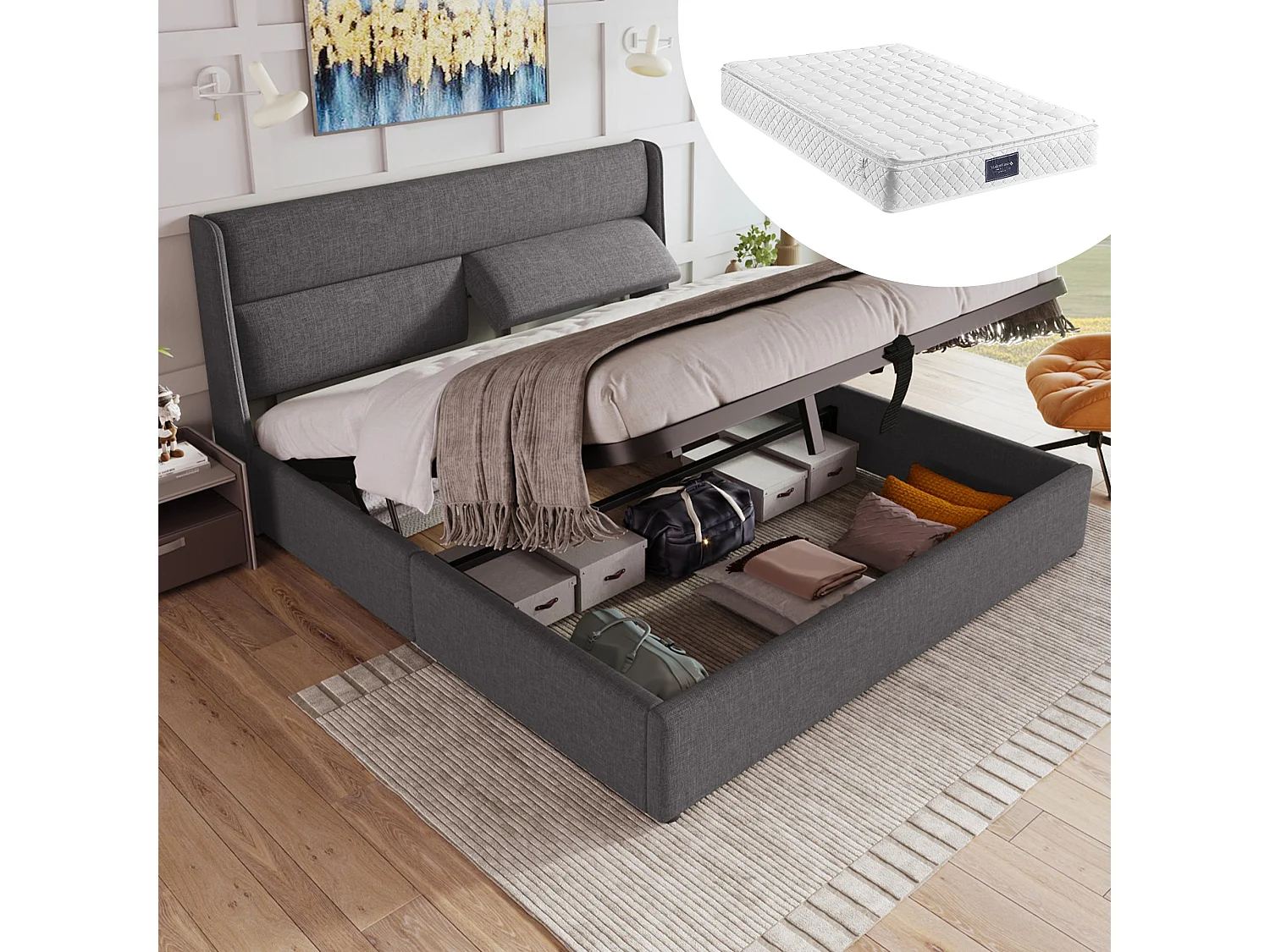 Gestoffeerd tweepersoonsbed met opbergruimte - 160 x 200 cm - met verstelbare hoofdsteunen - met matras - linnen - grijs