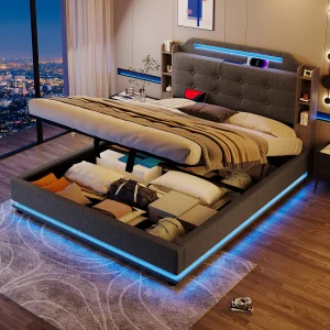 Grijs linnen opbergbed 140x200cm met LED-verlichting en opbergruimte (zonder matras)