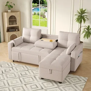 Hoekbank bed in fluweel – 3-zits – met opbergruimte, roestvrijstalen bekerhouder – 205x139x87cm – Beige Hoekbank bed in fluweel – 3-zits – met opbergruimte, roestvrijstalen bekerhouder – 205x139x87cm – Beige