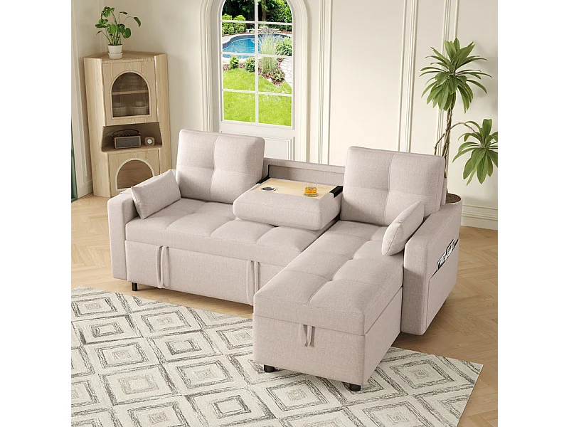 Hoekbank bed in fluweel - 3-zits - met opbergruimte, roestvrijstalen bekerhouder - 205x139x87cm - Beige