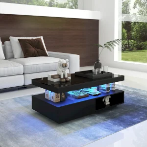 Glanzende salontafel – 95 x 50 x 42,5 cm – met 4 glazen bladen + 2 lades – spaanplaat – zwart